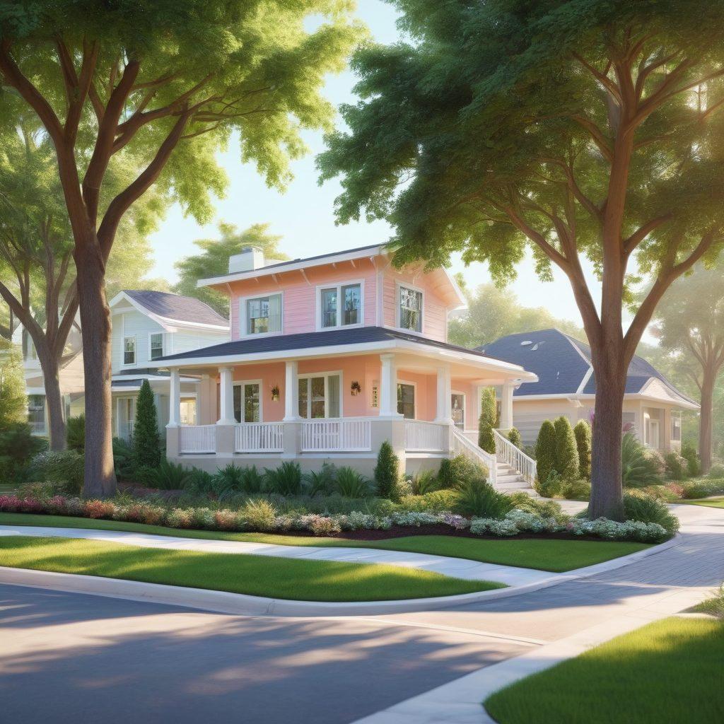 A picturesque neighborhood of Park Place Estates featuring modern homes with charming architecture surrounded by lush greenery. Include a happy family exploring a beautiful house with a 'For Sale' sign while sunlight filters through trees. Emphasize warmth and community vibes. pastel colors. super-realistic.