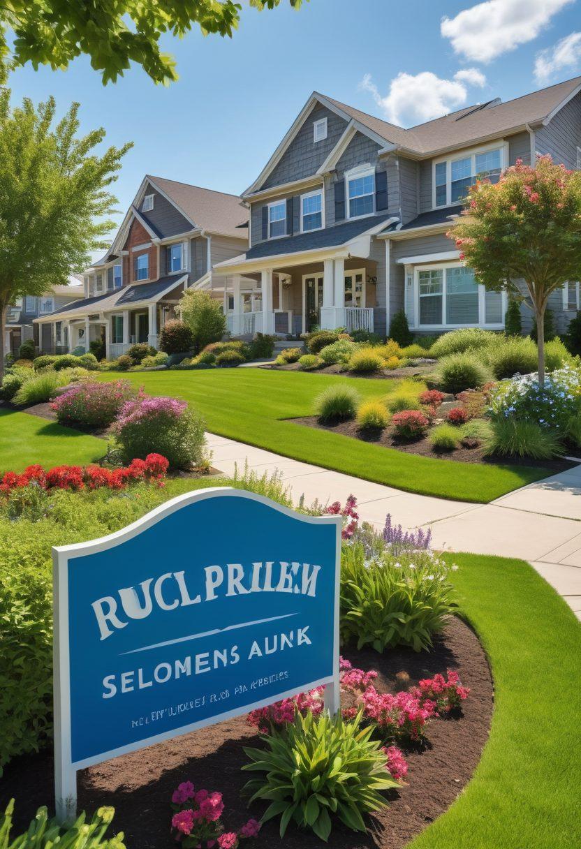 A picturesque scene of a luxury suburban neighborhood with well-kept homes in Park Place Estates, featuring manicured lawns and blooming gardens. Highlight a diverse group of families engaging in community activities, with a backdrop of a clear blue sky. Add elements like 'For Sale' signs and happy pets to convey a vibrant real estate market. Ensure the image is inviting and warm, capturing the essence of home and community. super-realistic. vibrant colors. 3D.