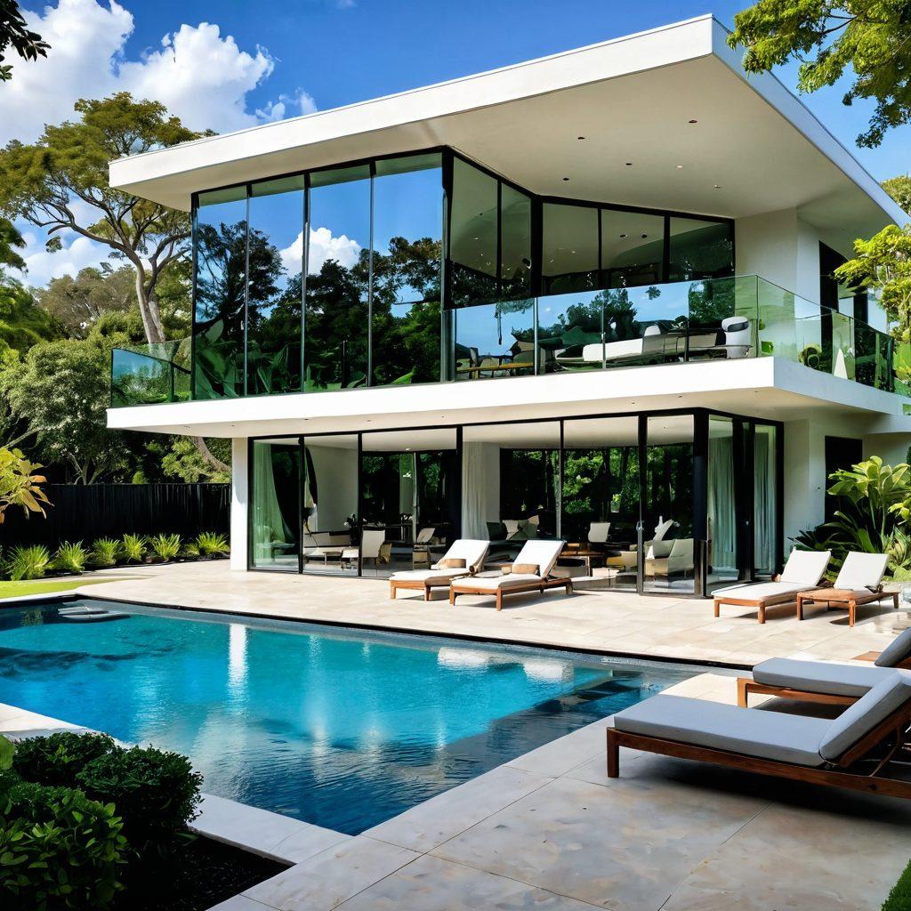 A luxurious modern home with expansive glass windows overlooking a serene park, lush greenery, and a sparkling pool in the foreground. Showcase elegant outdoor furniture and tasteful landscaping to emphasize sophistication. Include subtle hints of a lively real estate market, such as 'For Sale' signs discreetly placed around the property. The sky should be bright blue with fluffy clouds, creating a vibrant and inviting atmosphere. super-realistic. vibrant colors. 3D.